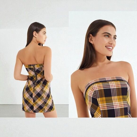 Urban Outfitters Womens MEDIUM Sacramento Plaid Strapless Mini Dress Blue Yellow - Picture 1 of 7
